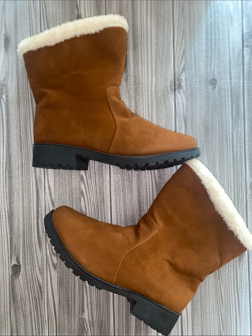Women’s Chestnut Suede Winter Boots with Cream Shearling Cuff